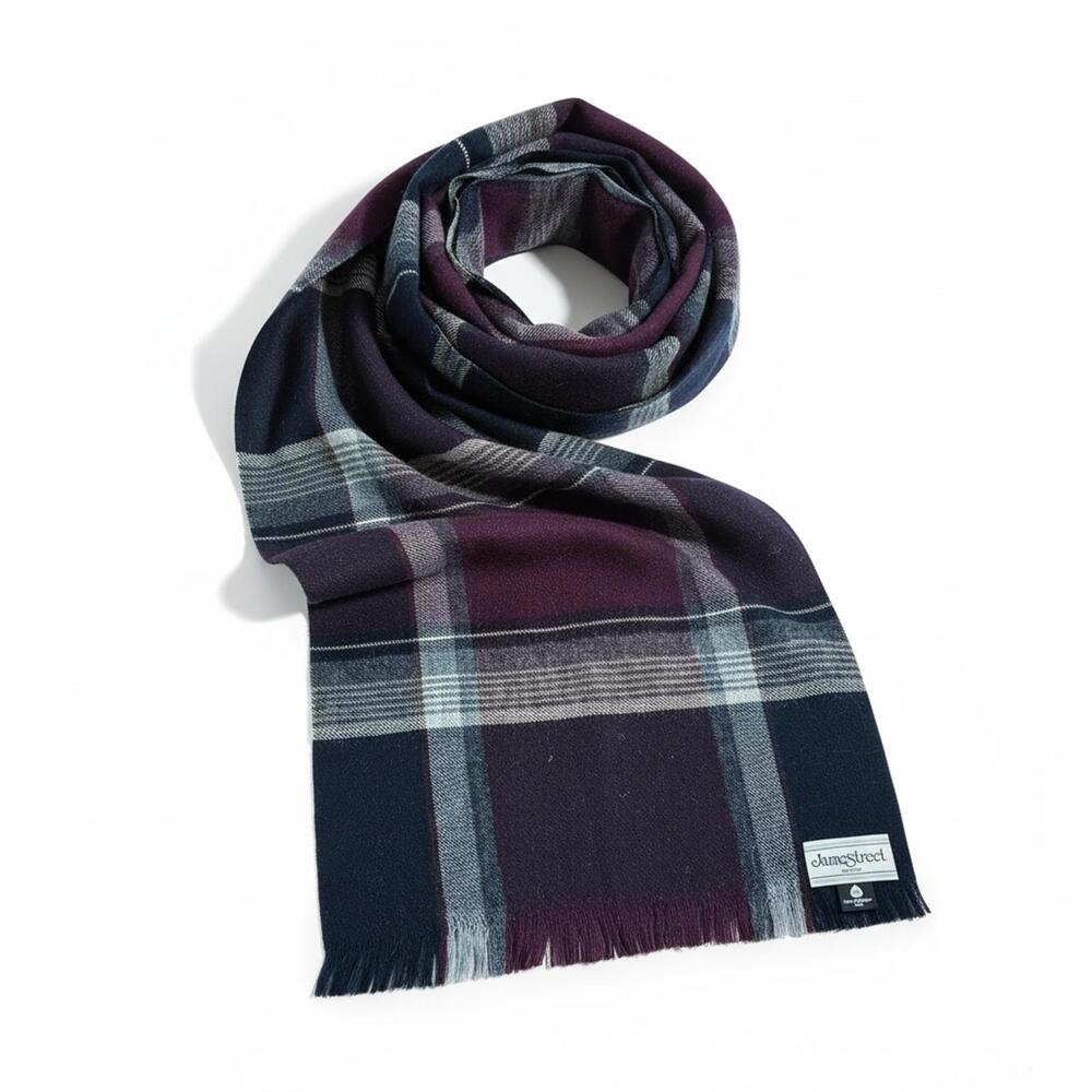 James Street 100% Wool Reversible Plaid Scarf Black Plum Grey Classic Unisex